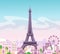 Vector illustration of beautiful skyline city view with buildings and trees in pastel colors. Symbol of Paris in flat
