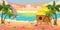 Vector illustration of beautiful summer sea coast. Cartoon Hawaiian landscape on the sunset with houses, palm trees, crabs,