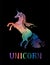 Vector illustration of beautiful unicorn with vector watercolor texture and lettering isolated on the black background.