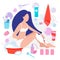 Vector illustration of beautiful woman towel shaves her legs with a safety razor.