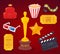 Vector illustration of big cinema objects collection on red back