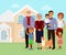 Vector illustration of big happy caucasian family with many children, mother, father with grandmother and grandfather