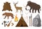 Vector illustration of big set of elements of stone age attributes. Primitive ice age elements. Stone age. Hunting tools