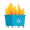Vector illustration of bin fire. Large blue recycling bin fire on white background.
