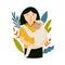 Vector illustration of a biologist keeping cute monkey in the hands