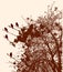 Vector illustration of birds on rowan branches in autumn forest