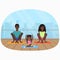 Vector illustration of the black african family meditating in fitness room on the modern city background.