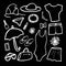 Vector illustration on black background. Fashion set of woman`s summer clothes and accessories. Black and white