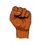 Vector illustration of Black Lives Matter text, clenched fist held high in protest. Hand raised up isolated. Human rights