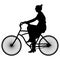 Vector illustration of black silhouette spring walking woman cyclist in a dress and sunglasses riding a bicycle on a white backgro