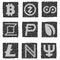 Vector illustration of black and white grunge icons with symbols of various digital electronic currencies - namecoin, bitcoin, lit