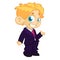 Vector illustration of a blond boy in man`s clothes. Cartoon of a young boy dressed up in a mans business brown suit presenting