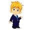 Vector illustration of a blond boy in man\'s clothes. Cartoon of a young boy dressed up in a mans business suit