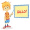 Vector illustration of blond boy in shorts and striped t-shirt. Cartoon of a young boy dressed up presenting