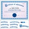 Vector illustration of blue certificate. Template.