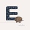 Vector illustration. Blue letter E with echidnas footprints, a cartoon echidna. Animal alphabet.