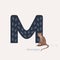 Vector illustration. Blue letter M with macaques footprints, a cartoon macaque. Animal alphabet.
