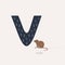 Vector illustration. Blue letter V with voles footprints, a cartoon vole. Animal alphabet.