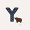 Vector illustration. Blue letter Y with yak footprints, a cartoon yak. Animal alphabet.