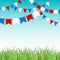 Vector illustration of Blue sky and green grass landskape with colorful flags garlands.