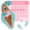 Vector illustration with body positive young women on hygienic device pads, and PMS calendar, menstruation tracker or