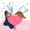 Vector illustration with body positive young women in Menstrual CUP and leaves, plants, drop, feather. The menstrual