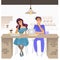 Vector illustration of bored people - young tired and exhausted man and woman sitting at cafe with books and laptop.