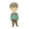 Vector illustration of a boy in brown trousers and green winter sweater. Cheerful, small, looks, smiles. Painting, postcard, winte