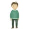 Vector illustration of a boy in green trousers and a green winter sweater. Cheerful, teenager, looks, smiles. Painting, postcard,