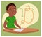 Vector illustration of a boy sitting at a desk writing cursive letters in a notebook. Shows proper formation of letters.