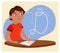 Vector illustration of boy sitting at table desk writing cursive letters in a notebook. Shows proper formation of English letters.