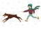 Vector illustration of a boy walking with a dog Doberman on the street in winter. In hat, in scarf, jacket, jeans, boots, mittens.