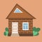 Vector illustration brick cottage, country house in flat style. Cute brown house for banners, web design, advertisements. Peaceful