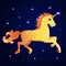 Vector illustration. Bright unicorn gallops through the night sky surrounded by stars.