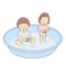 Vector illustration of brother and sister playing in inflatable swimming pool. Early childhood development activity, child playing