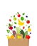 Vector illustration of brown paper bag with fresh organic produce vegetables fruits berries. Healthy diet whole unprocessed food