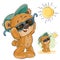 Vector illustration of a brown teddy bear in a cap and sunglasses enjoying the bright sun