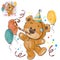Vector illustration of a brown teddy bear in a cardboard hat and with a whistle surrounded by balloons