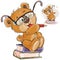 Vector illustration of a brown teddy bear with eyeglasses sits on a pile of books with a pencil in his paws and thinks