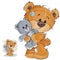 Vector illustration of a brown teddy bear hugging his soft toy and missing someone