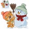 Vector illustration of a brown teddy bear makes a snowman