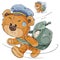 Vector illustration of a brown teddy bear postman hurrying, carrying a bag with letters