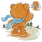 Vector illustration of a brown teddy bear sad standing in the wind, looking at the road and waiting for someone