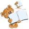 Vector illustration of a brown teddy bear showing a page of an open book, a notebook