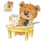 Vector illustration of a brown teddy bear sitting at the table, put in a mail envelope written love letter