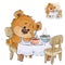 Vector illustration of a brown teddy bear sitting at a table with two cups and missing someone