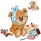Vector illustration of a brown teddy bear sweet tooth ate a lot of sweets and now he has a toothache