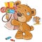 Vector illustration of a brown teddy bear sweet tooth embracing with its paws a cardboard package with sweets