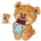 Vector illustration of a brown teddy bear sweet tooth holding in its paws a chocolate bar and eating it