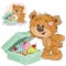 Vector illustration of a brown teddy bear sweet tooth opened a box of cakes